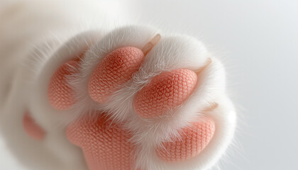 A close-up of a cat's soft white paw with pink pads and delicate fur