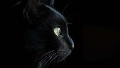 A black cat with a luminous green eye emerges from the shadows, its gaze intense and contemplative against the dark background