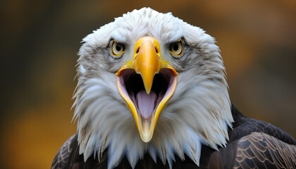 Fototapeta premium close-up of a bald eagle with its beak wide open in a screeching pose, showcasing its yellow beak and intense eyes against a golden blurred background