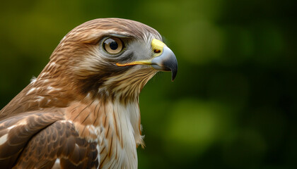 close-up portrait of a hawk with a sharp gaze and detailed brown and cream plumage, set against a soft green blurred background