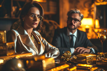 business successful couple in the office among gold bars. wealth and financial wealth of the rich - obrazy, fototapety, plakaty