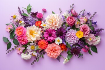 Floral composition on a purple background, concept of Valentine Day, Mother Day, Women Day, wedding day
