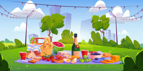 Summer picnic in city park. Vector cartoon illustration of basket with fresh fruit and vegetables, wine bottle on blanket, modern cityscape, skyscrapers in background, green lawn and trees, blue sky