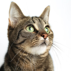 Naklejka na ściany i meble Close-up image of a curious tabby cat with bright green eyes