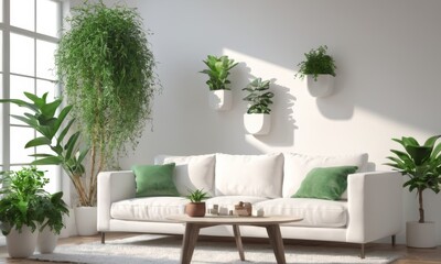 Bright living room with green indoor plants
