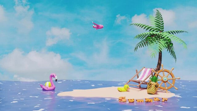3d summer travel concept with helm, stern wheel, palm tree, seaside, pineapple, yellow duck, sunglasses, beach isolated on blue sky background. 3d render illustration