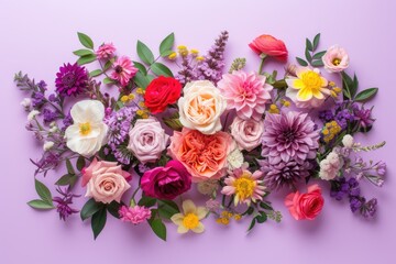 Floral composition on a lavender background, space for text, concept of Valentine Day, Mother Day, Women Day, wedding day