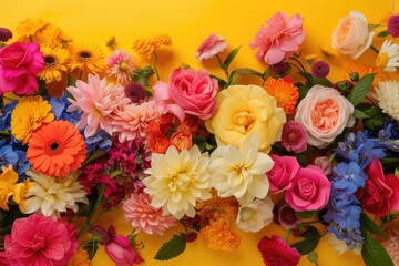 Floral composition on a yellow background, space for text, concept of Valentine Day, Mother Day, Women Day, wedding day