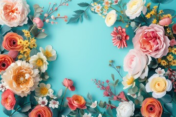 Floral composition. Frame made of colorful flowers on a green background, space for text, concept of Valentine Day, Mother Day, Women Day, wedding day