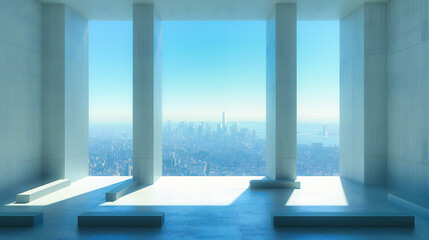 Modern Cityscape View from Inside, Empty Room with Large Windows, Urban Architecture and Design