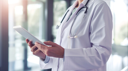 Confident doctor using a digital tablet to explain test results to a patient