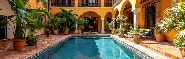 Fototapeta na wymiar Backyard with small beautiful swimming pool, hot tub, patio area, chairs and basketball hoop