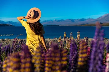 Photo sur Plexiglas Aoraki/Mount Cook beautiful girl in yellow dress and hat standing on the field of colorful lupins and enjoying the sunset over lake tekapo  unique flowers near mountaineous lake in new zealand, south island, canterbury