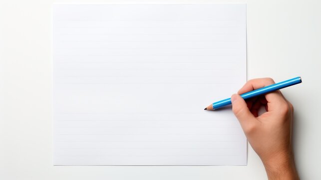 Hand draws on blank paper with a blue pencil, against a white backdrop.