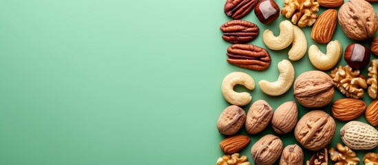 Assorted nuts arranged on green background