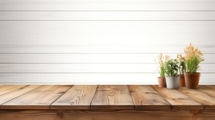 Wooden table surface against a gently blurred wooden wall background. Perfect for displaying products.