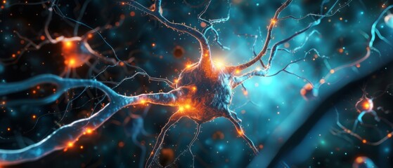 A neuron, which is a critical component of the nervous system. The neuron's cell body, or soma, is at the center, glowing with a warm orange and red light that suggests activity or energy - obrazy, fototapety, plakaty