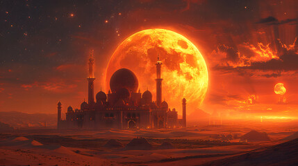 arabic islamic illustration for greeting muslims in ramadan, mosque in desert with big moon, - obrazy, fototapety, plakaty