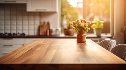 Bare wooden table is showcased in the kitchen, accented by lively green plants in the foreground.