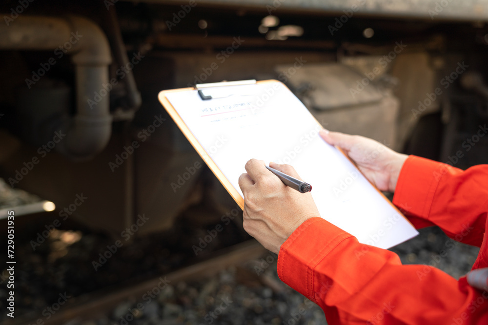 Wall mural action of a mechanic engineer is checking on heavy machine checklist form to verify the quality of m