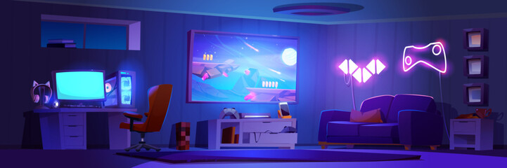 Room interior with setup to play video game and stream at night. Cartoon dark house inside with gamer computer and headphones, big tv on wall and console with gamepad, bright neon sign of joystick. © klyaksun