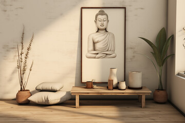 A peaceful corner with a minimalist desk, a meditation cushion, soothing wall art, and a small indoor fountain to promote relaxation and focus