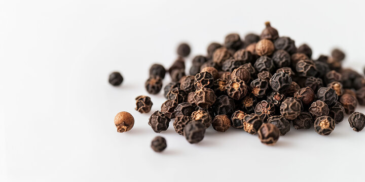 The Close-up Photo of Black Peppercorns with a Focus on Their Textured Surfaces, Scattered Across a White Background. This Photo Could be Used to Showcase Spices in Culinary Articles, etc.