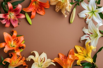 Frame made of lilies on a brown background, with space for text concept Mother Day, Women Day, Valentine day