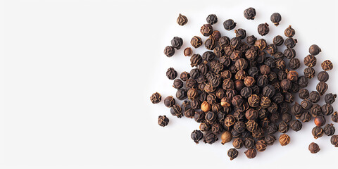The Close-up Photo of Black Peppercorns with a Focus on Their Textured Surfaces, Scattered Across a White Background. This Photo Could be Used to Showcase Spices in Culinary Articles, etc.
