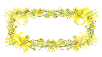 Lilies Yellow flower, calla lilies, craspedia, Solidago Frame border isolated on white background. Watercolor hand drawn botanic illustration. Art design wedding invitation, greeting card, decoration