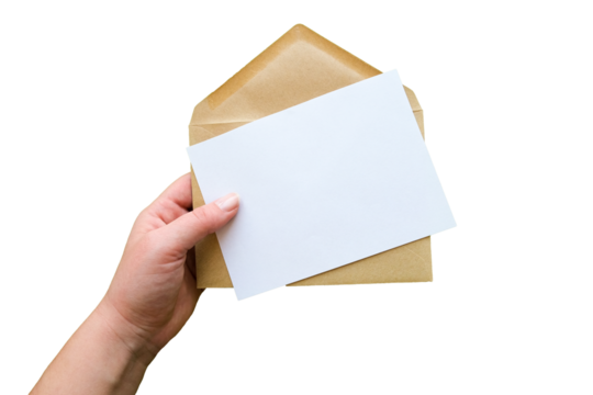 A hand holds a envelope with a blank sheet of paper. Letter template on transparent background