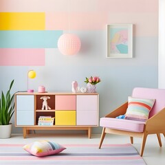  kids' room with a playful mid-century modern vibe. Picture retro-inspired furniture, geometric patterns, and vibrant colors