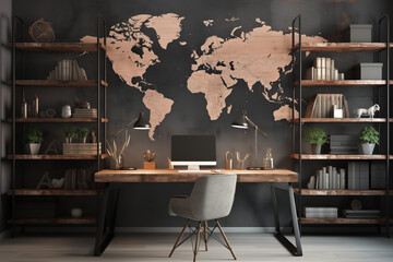 Travel Blogger's Workspace with a world map mural, a desk and shelves displaying travel memorabilia  Illustration AI generated Image