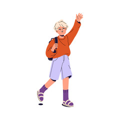 Happy boy goes to school, waves his hand in greeting gesture. First grader, student carries backpack. Cute child, kid walks. Elementary education concept. Flat isolated vector illustration on white