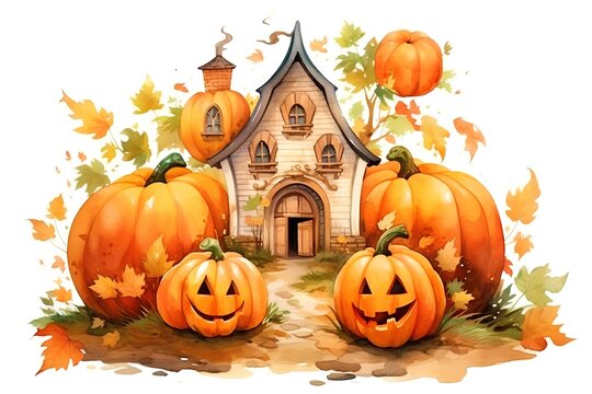 Halloween house with pumpkins. Watercolor illustration isolated on white background