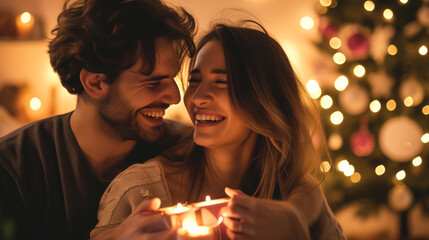 Happy couple exchanging gifts and laughter in a cozy and romantic setting