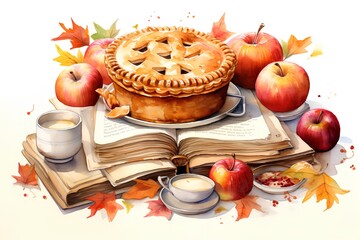 Autumn still life with apple pie, books and candles. Watercolor illustration