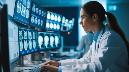 Healthcare professional reviewing medical records on a computer with a focused demeanor