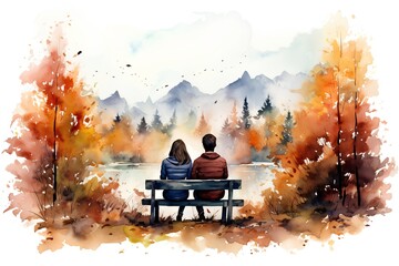 Young couple sitting on bench in autumn forest. Watercolor illustration.