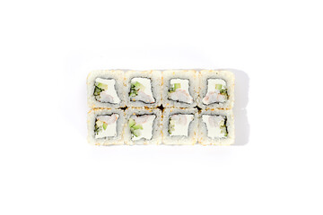 Sushi Roll with Shrimp and Cucumber, Sesame Seed Coating on White