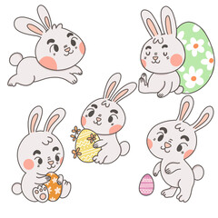 set of pink easter rabbit illustrations and egg