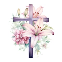Cross with lily flowers, watercolor illustration on a white background
