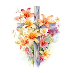 Beautiful vector card with nice watercolor lily flowers and cross