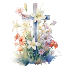 Cross with flowers, watercolor illustration on a white background, for your design