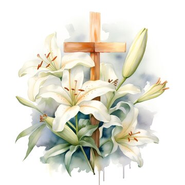 Beautiful vector image with nice watercolor lily flowers and wooden cross