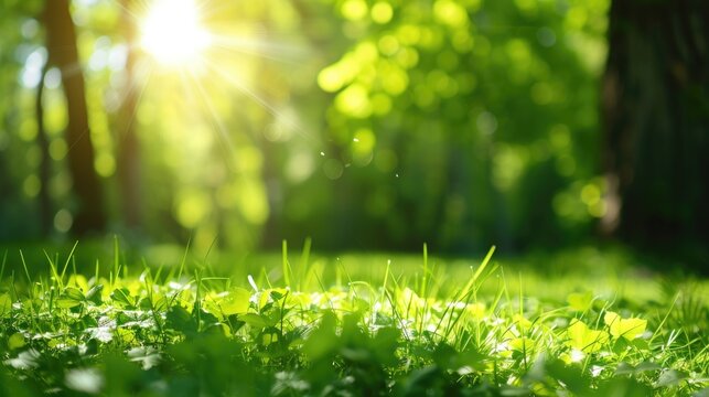 Defocused green trees in forest or park with wild grass and sun beams. Beautiful summer spring natural background.