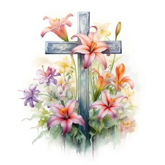Cross with lily and alstroemeria flowers, watercolor illustration
