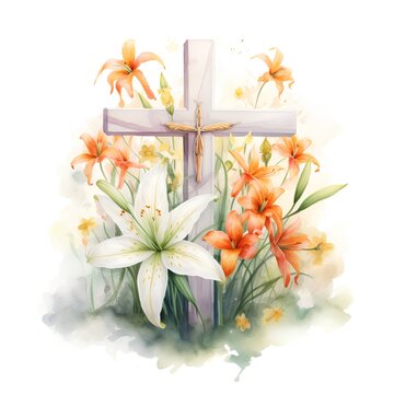 Cross with lilies. Hand drawn watercolor illustration isolated on white background