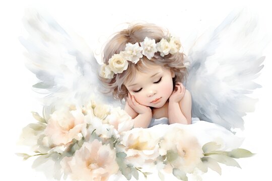 Beautiful little angel with wings and flowers. Watercolor illustration.