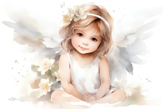 Cute little girl with angel wings and flowers. Watercolor illustration